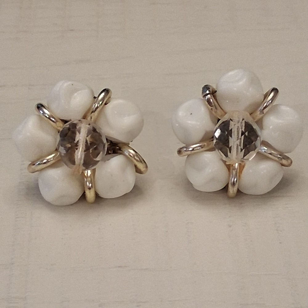 Vintage White & Gold Tone Cluster Screw Back Earrings West Germany